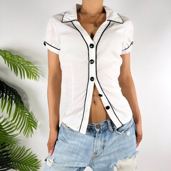 Vintage Y2K White Rockabilly Retro Short Sleeve Collared Button Up Blouse / L - Picture 4 of 7